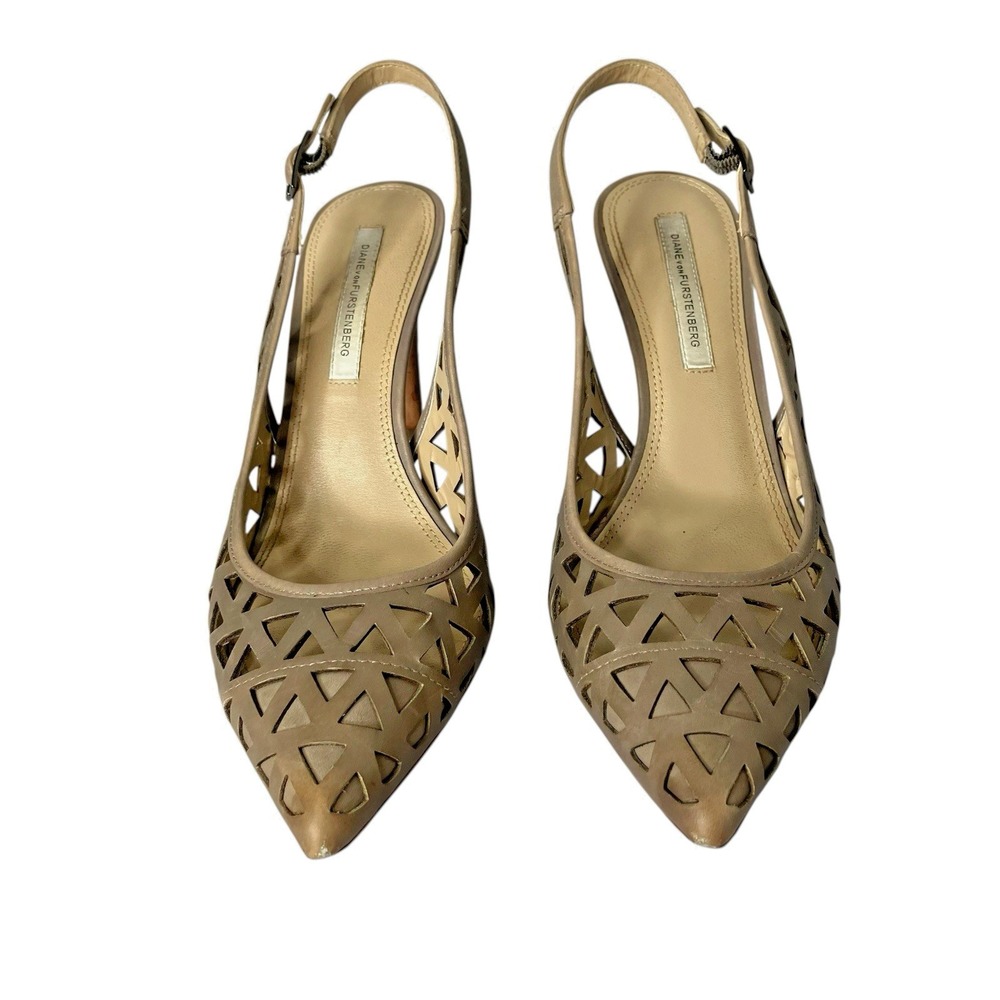 Diane VonFurstenberg Slingback Pointed‎ Toe Cutout Heels Size 9.5M Tan Leather - Picture 10 of 13